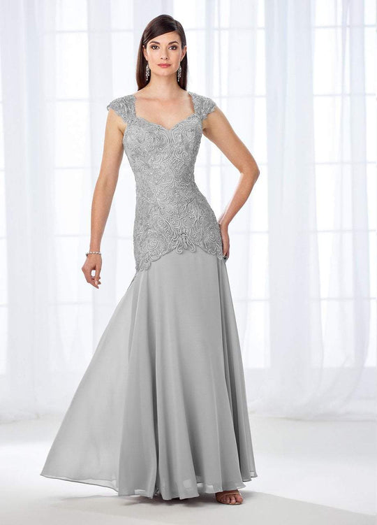 Cameron Blake - 118675 Queen Anne Lace Cap Sleeve Chiffon Evening Gown In Silver