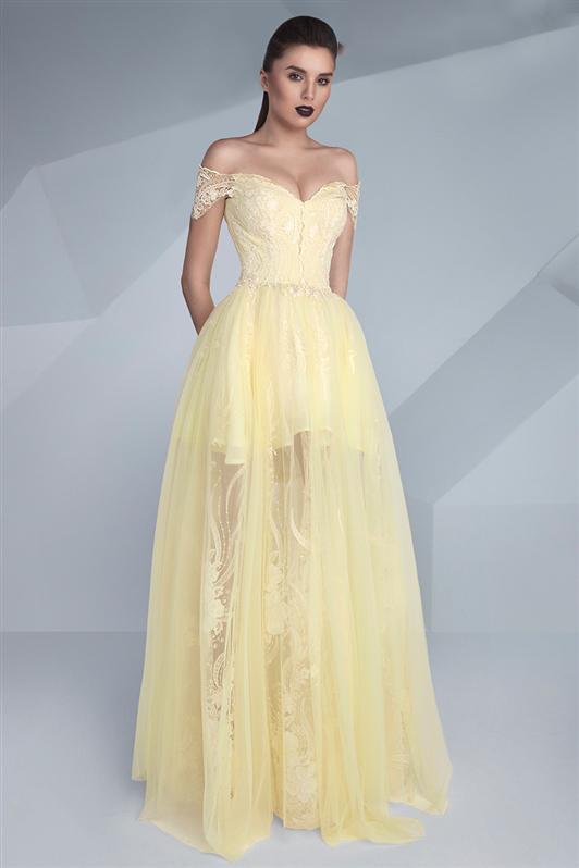 MNM Couture - G0588 Off-Shoulder Lace Evening Gown in Yellow