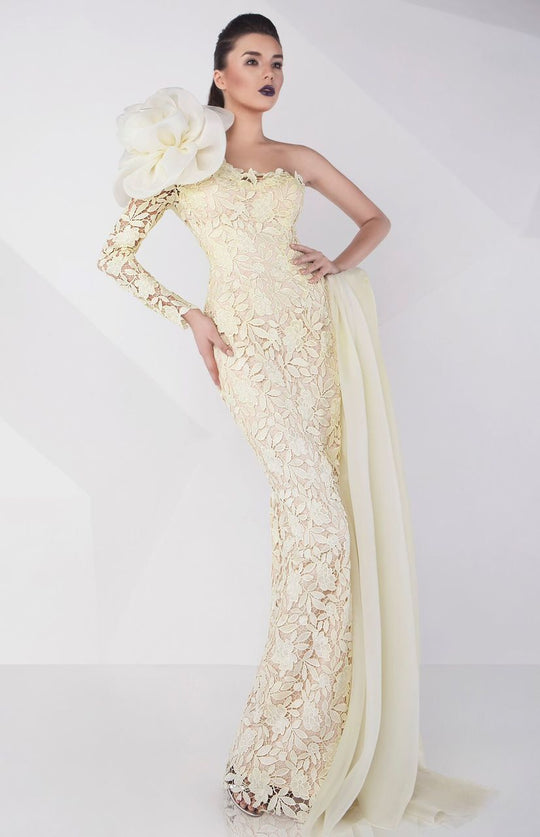 Rosette Accented Lace Sheath Dress G0591 in Yellow