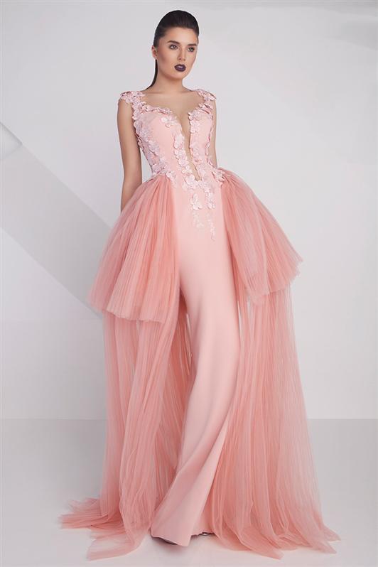 MNM Couture - Floral Plunging Cap Sleeves Long Gown G0596 in Pink