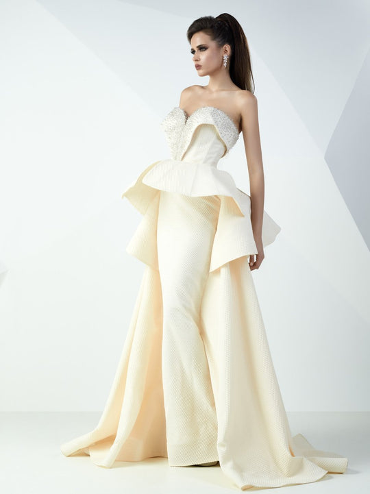 MNM Couture - Strapless Structured Peplum Evening Gown G0726 in Neutral