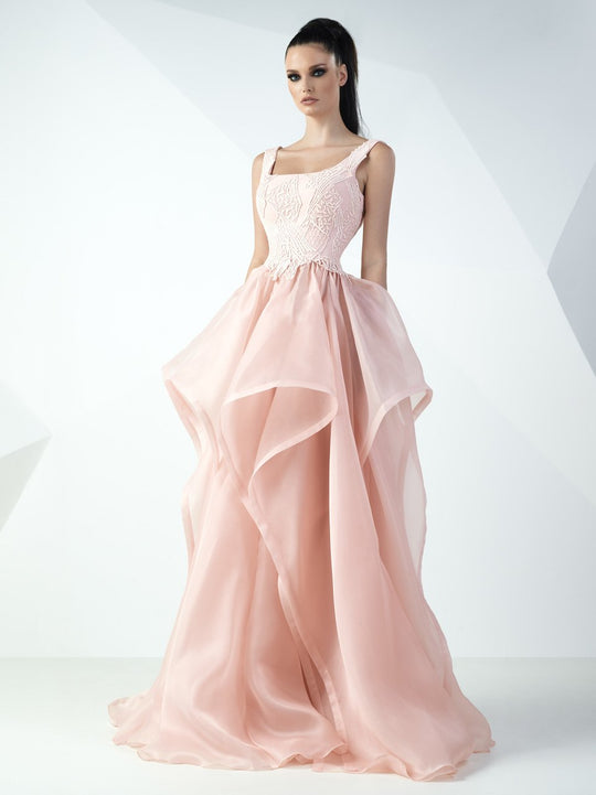 MNM Couture - Square Neck Ruffled Tulle Evening Gown G0727 in Pink
