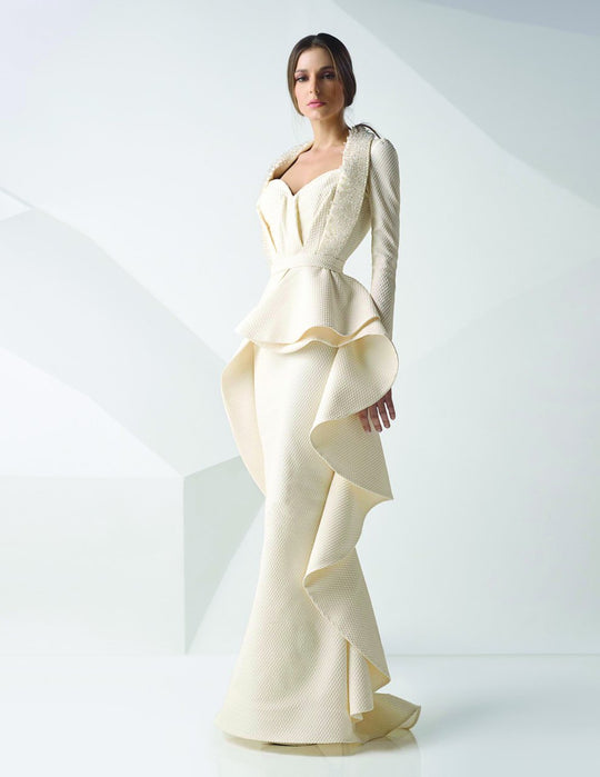 MNM Couture - Textured Peplum Evening Dress G0743 in White