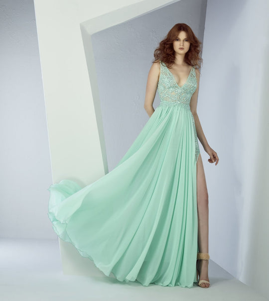 MNM Couture - G0843 Floral Illusion Lace Plunging V-Neck Gown in Green