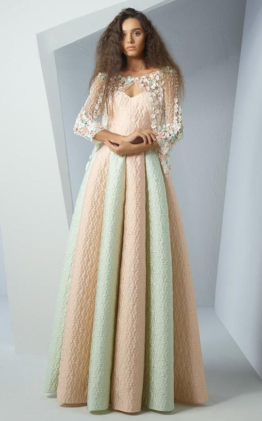 MNM Couture - G0851 Floral Applique Bateau Neck Ballgown In Pink and Green