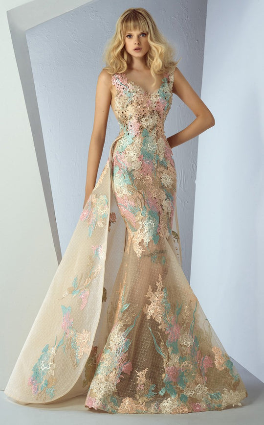 MNM COUTURE - G0863 Bejeweled Blossom Appliqued Mermaid Gown In Gold and Blue