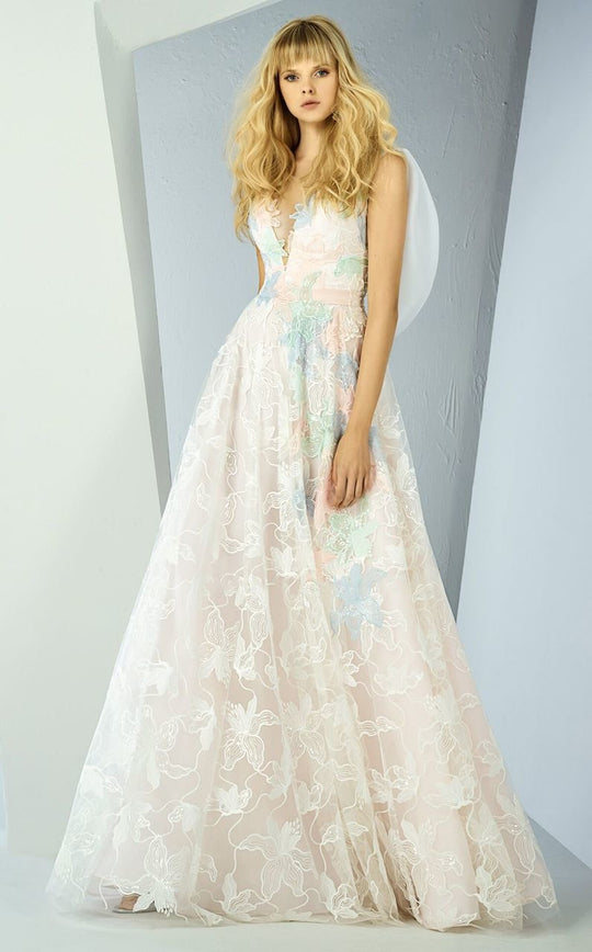 MNM COUTURE - G0868 V-Neck Floral Applique Cowl Back A-line Gown In Blue