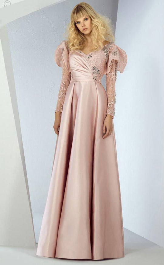 MNM COUTURE - G0869 Beaded V-neck A-line Dress In Pink