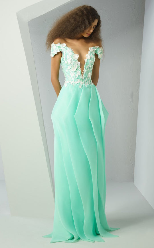 MNM Couture - G0878 Floral Embellished Illusion Off-Shoulder Gown In Green