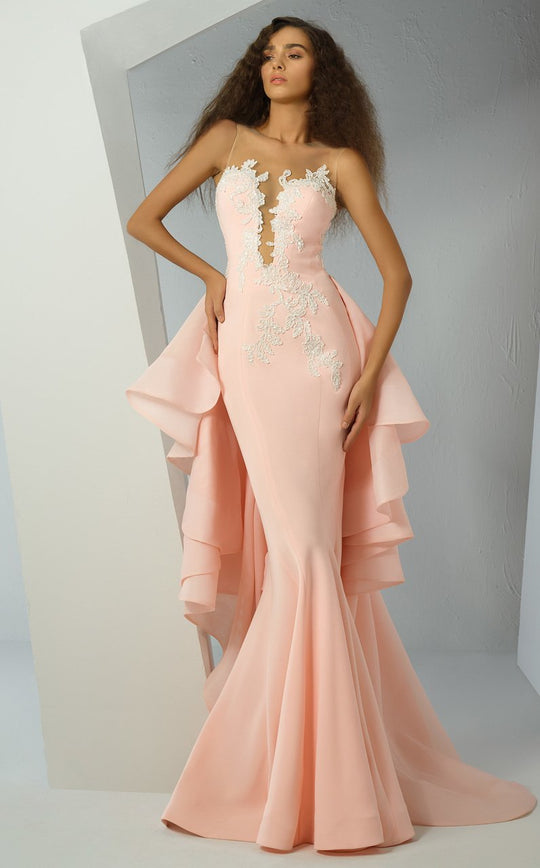 MNM Couture - G0881 Lace Illusion Bateau Mermaid Gown with Overskirt In Pink