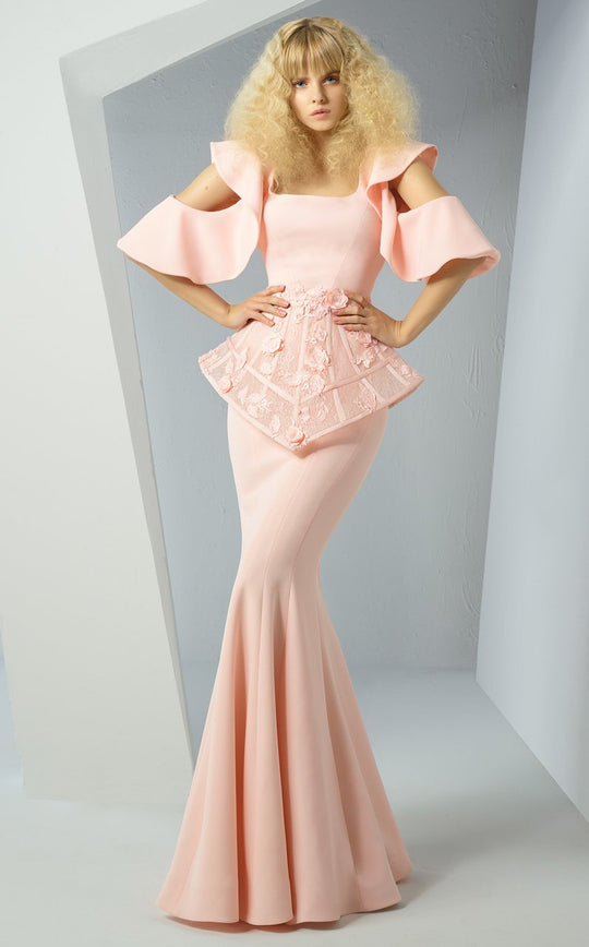 MNM Couture - G0883 Floral Applique Square Neck Mermaid Gown In Pink