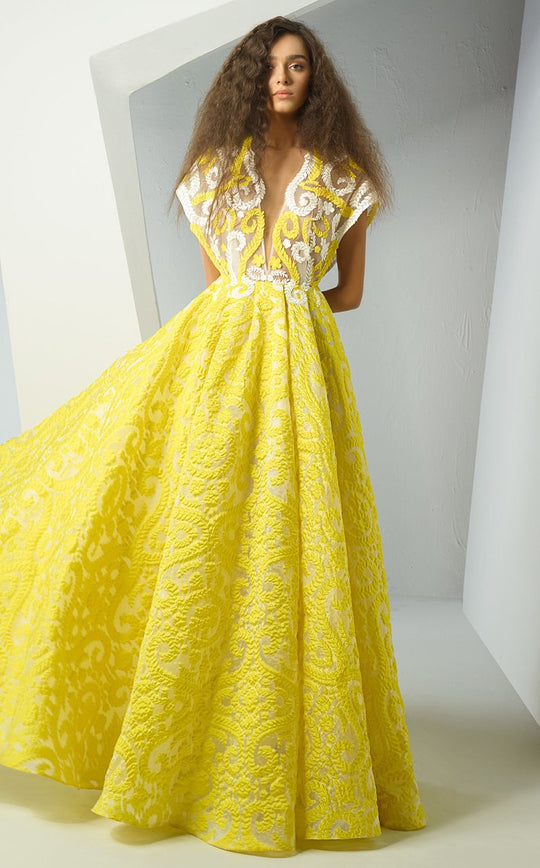 MNM Couture - G0884 Embroidered Deep V-neck A-line Gown In Yellow