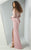 MNM Couture - G0886 Long Sleeve Plunging V-Neck Split Peplum Lace Gown In Pink
