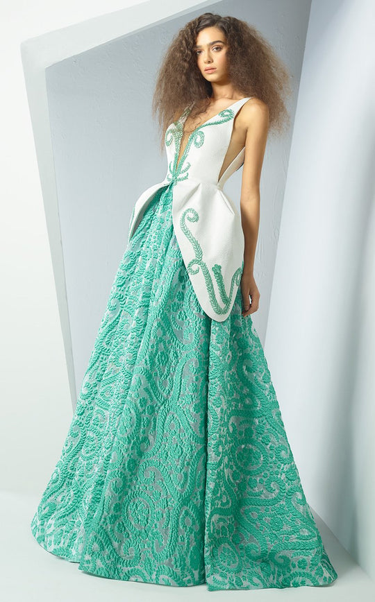 MNM Couture - G0888 Embroidered Deep V-neck Two Tone Ballgown In Green and White