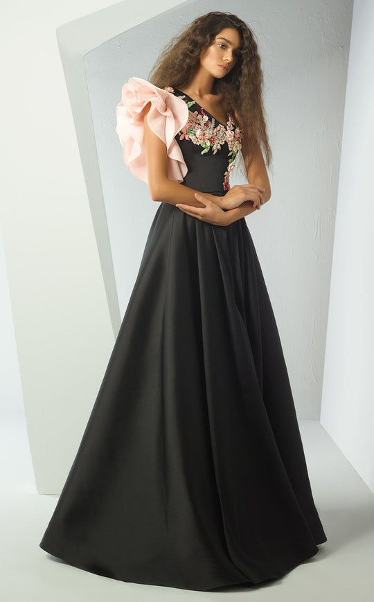 MNM Couture - G0889 Floral and Stone Embellished A-line Gown In Black