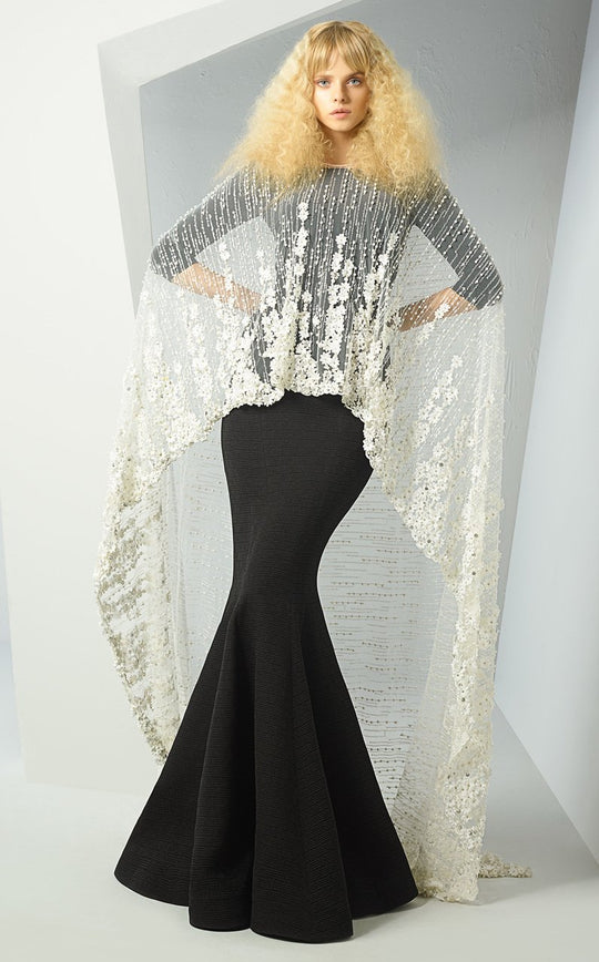 MNM Couture - G0894 Quarter Length Sleeve Mermaid Dress with Cape In Black