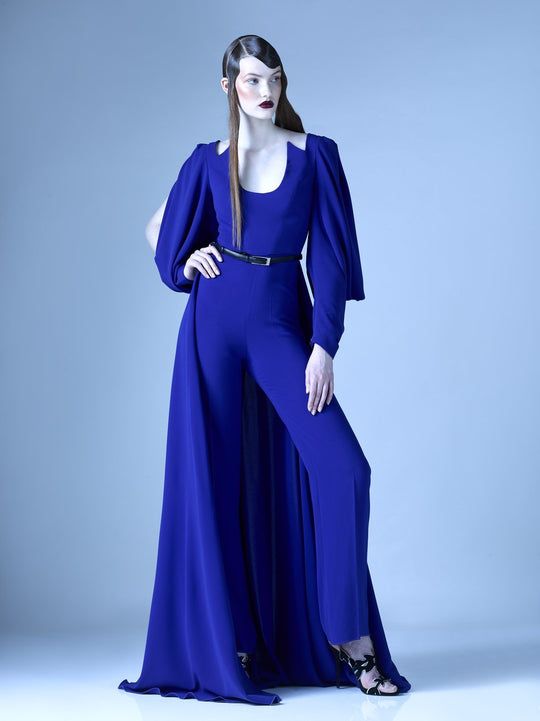 MNM Couture - G0910 Long  Sleeve Pantsuit with Back Train in Blue
