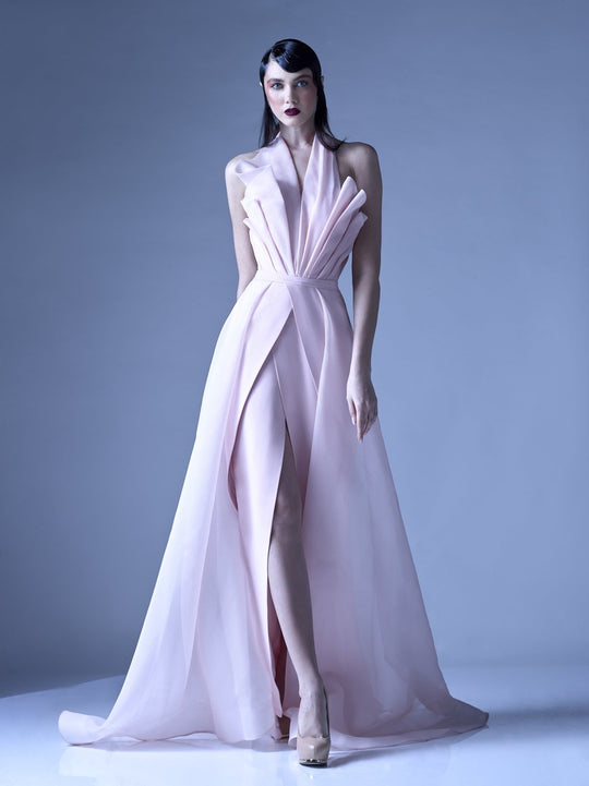 MNM Couture - G0924 Pleated Halter A-Line Evening Dress in Pink