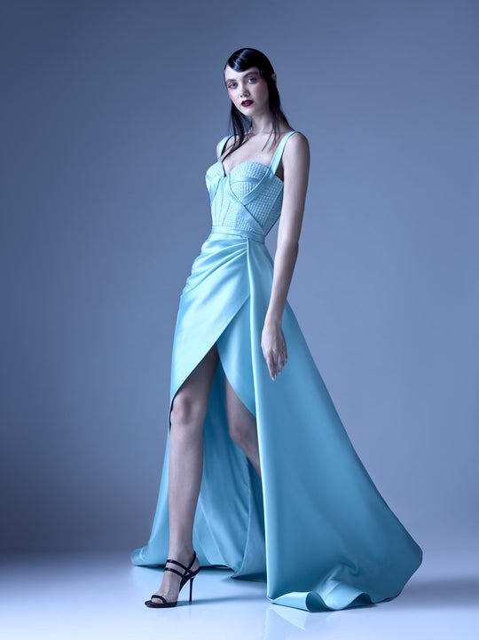 MNM Couture - G0926 Embellished Sweetheart A-line Dress With Slit in Blue and Green