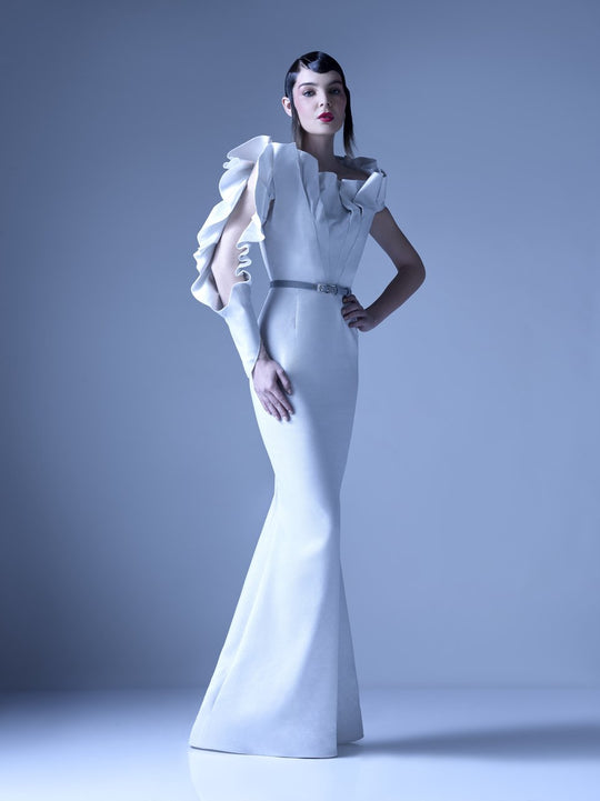 MNM Couture - G0934 Ruffled Asymmetric Neck Mermaid Dress in Silver