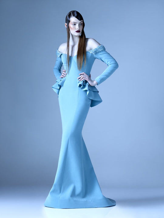 MNM Couture - G0936 Embellished Off-Shoulder Long Sleeve Dress in Blue