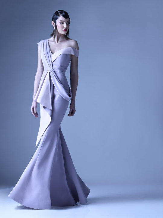 MNM Couture - G0947 Pleated Asymmetric Neck Trumpet Dress in Purple