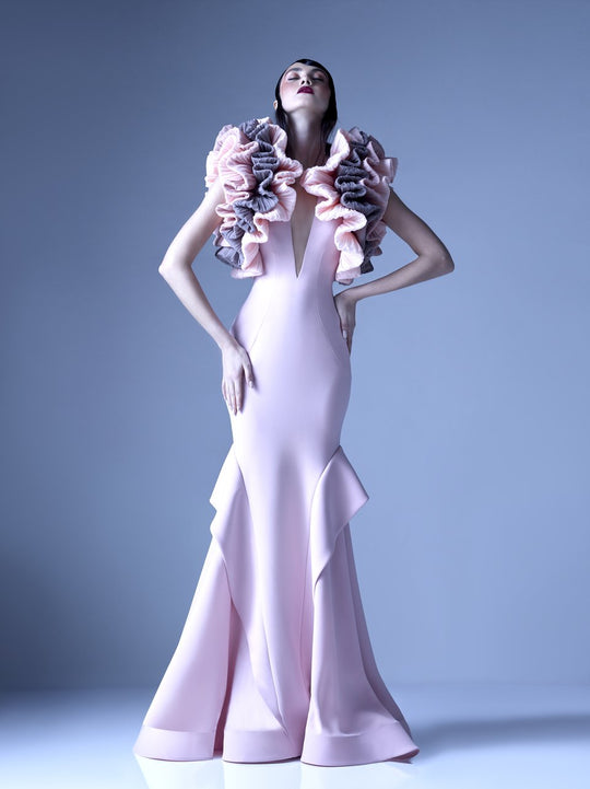 MNM Couture - G0955 Two Tone Ruffled Deep V-neck Trumpet Dress in Pink