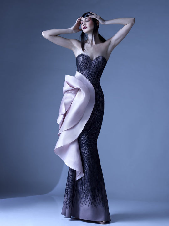 MNM Couture - G0961 Strapless Applique Sweetheart Trumpet Dress in Black and Pink