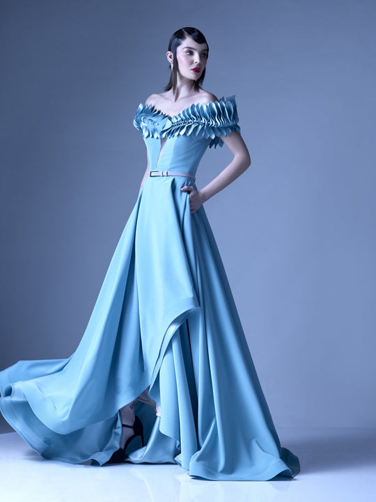 MNM Couture - G0962 Pleated Off-Shoulder A-Line Evening Gown in Blue