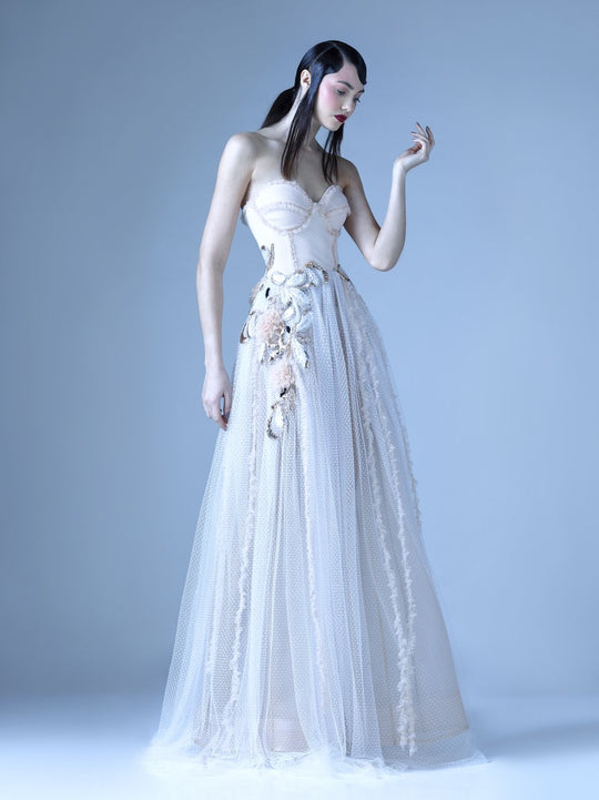 MNM Couture - G0964 Strapless Embellished Pleated A-Line Gown in Neutral