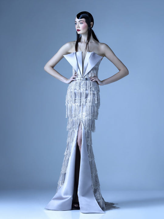 MNM Couture - G0971 Fringe Fan Bustline Trumpet Dress in Gray