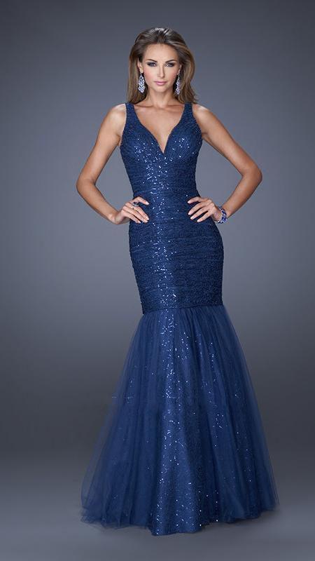 La Femme Gigi - Lace V-neck Mermaid Gown in Blue