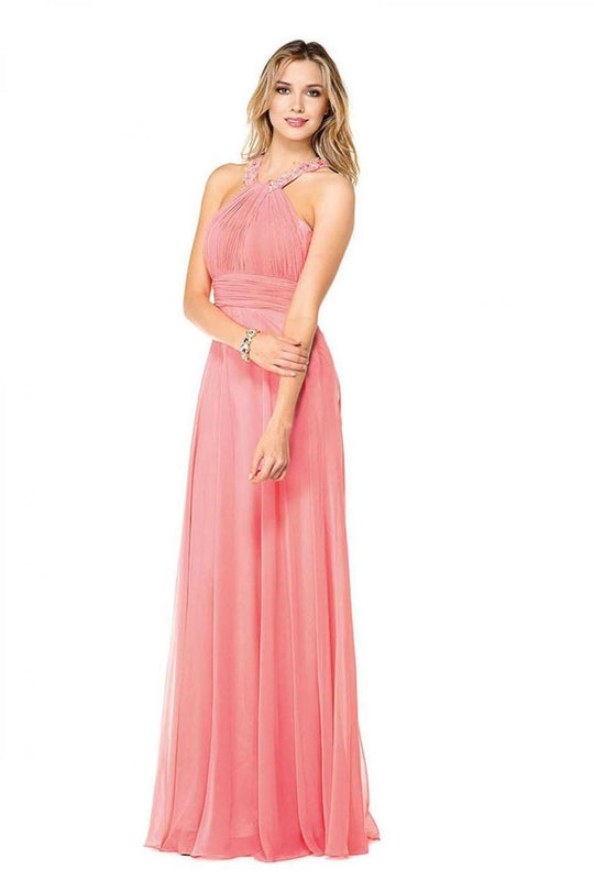 Glow by Colors Crystal High Halter Shirred Chiffon Gown G183 In Blush