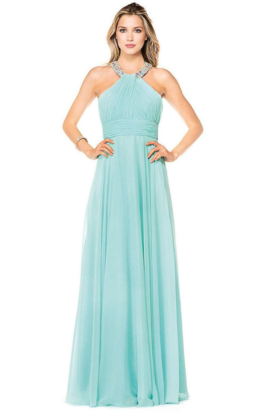 Glow by Colors - G183 Gem Beaded Halter Chiffon Evening Dress In Green