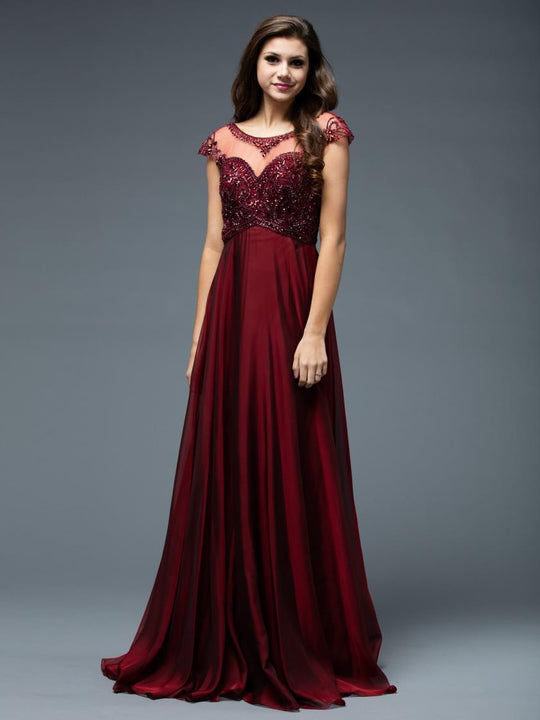 Glow by Colors - G207CS Illusion Beaded A Line Long Dress In Red