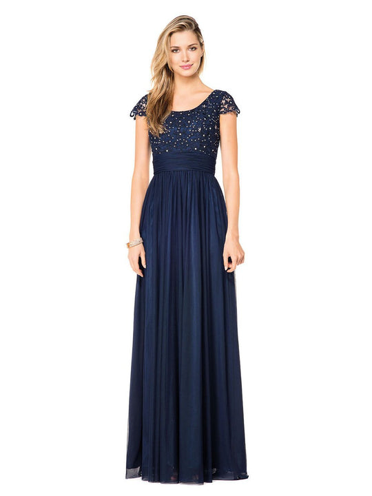 Glow by Colors - G322 Ornate Floral Lace Cap Sleeve Gown In Blue