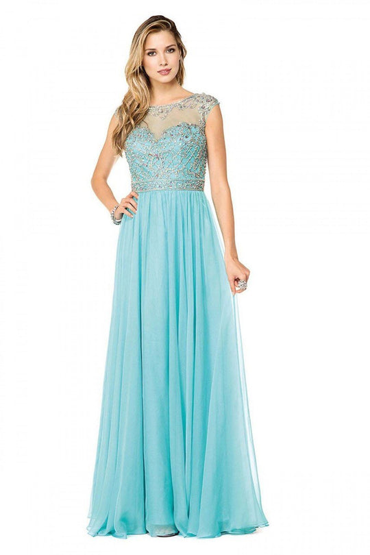 Glow by Colors - G330 Bejeweled Bateau Cap sleeve Evening Dress in Blue