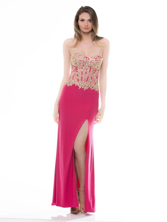 Glow by Colors - G379 Embellished Sweetheart Jersey Dress in Pink and Gold