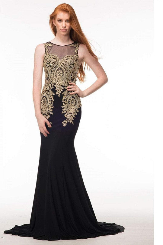 Glow by Colors - G442 Embellished Illusion Bateau Trumpet Dress in Black and Gold