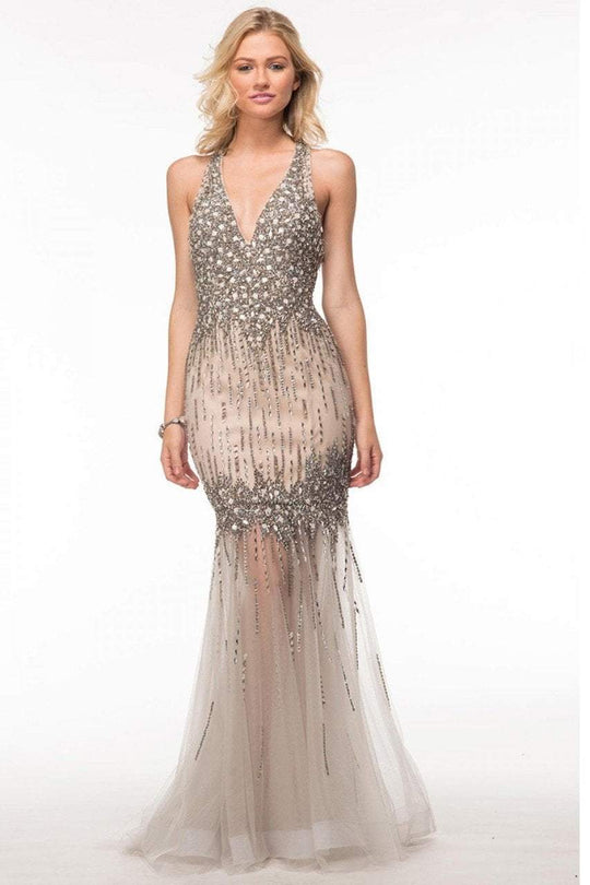 Glow by Colors - G472 V-Neck Bejeweled Mermaid Evening Gown in Gray