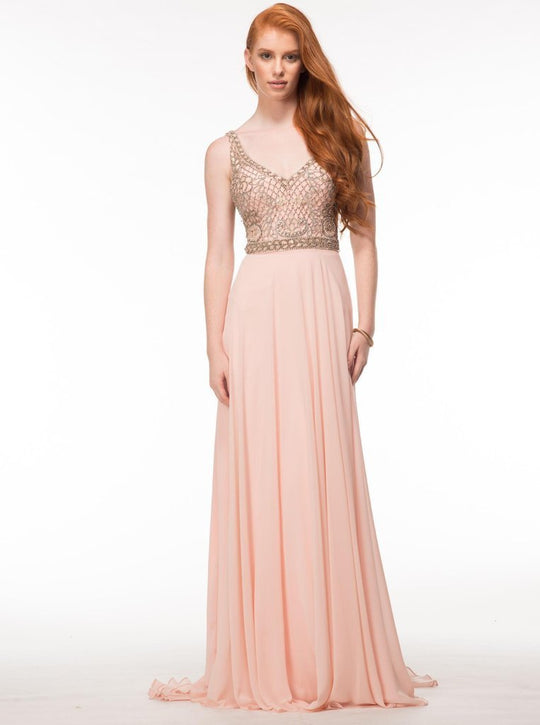 Glow by Colors - G605 Sleeveless V-Neck Chiffon Gown In Pink