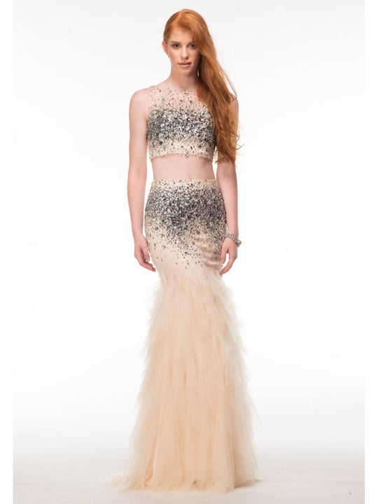 Glow by Colors - G617 Two Piece Jeweled Mermaid Dress in Neutral