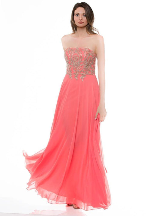 Glow by Colors - G634 Embellished Straight Neck A-line Dress in Pink and Gold