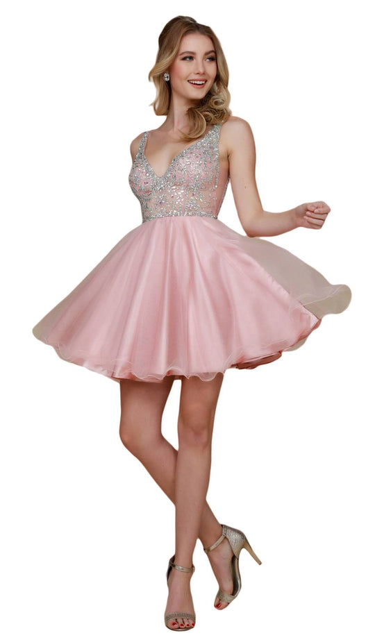 Nox Anabel - G637 Bejeweled Plunging V-neck Ruffled A-line Dress