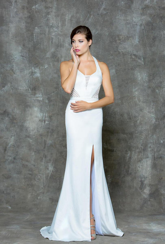 Glow by Colors - G651 Halter Sleeveless Long Dress with Slit in White