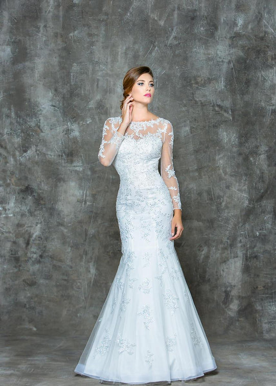 Colors Dress - G665 Long Sleeve Lace Illusion Mermaid Gown  in Gray