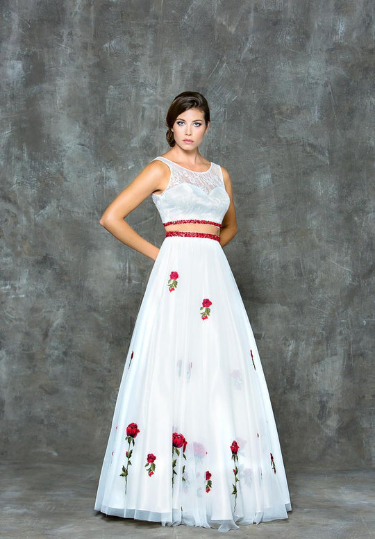 Glow by Colors - G670 Two Piece Floral Mesh Long Gown in White