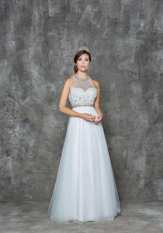 Glow by Colors - G671 Jeweled Illusion Halter Ballgown in White