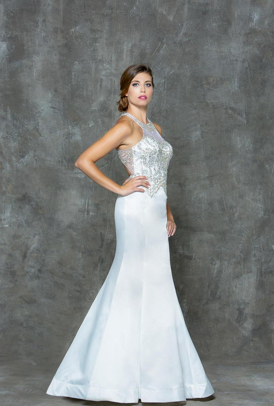 Glow by Colors - G673 Jeweled Illusion Halter Mermaid Dress in White