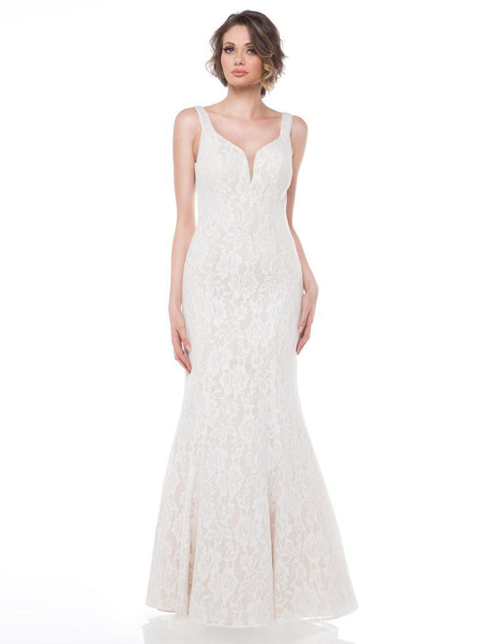 Glow by Colors - G675 Lace V-Neck Trumpet Dress in White